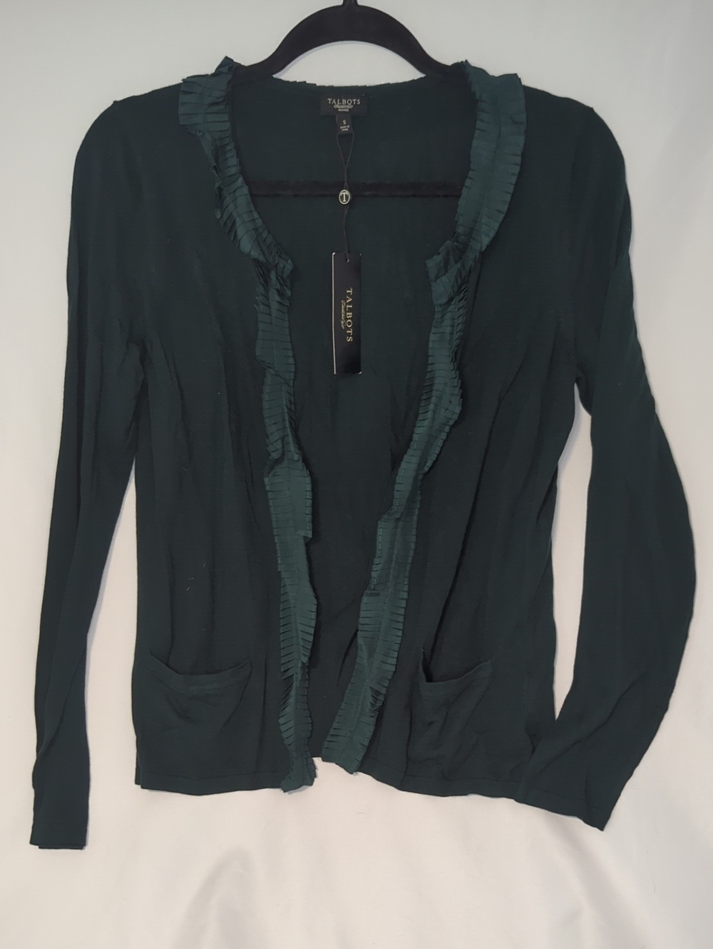 Talbots Deep Green Ruffle-Trim Open Front Cardigan